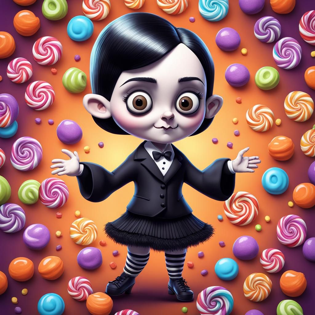 Wednesday Addams Dancing in Candy Art Style