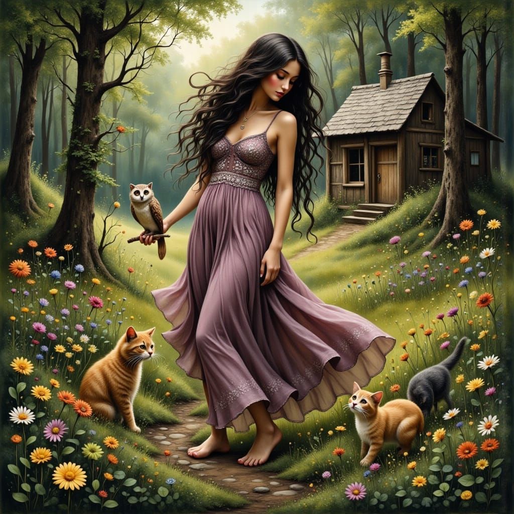 A Whimsical Gypsy Girl in a Secluded Forest Glade