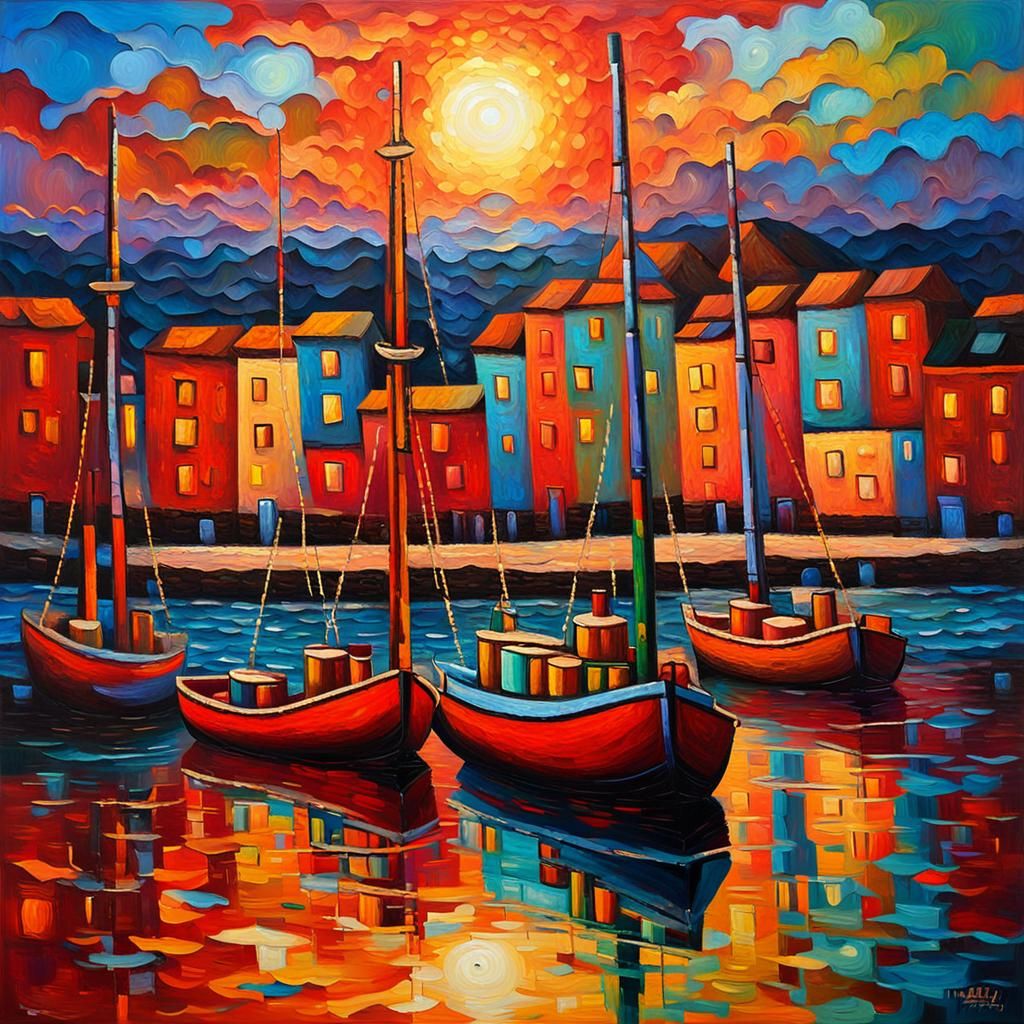 Colorful Candle Ships at Sunset in Postmodern Style