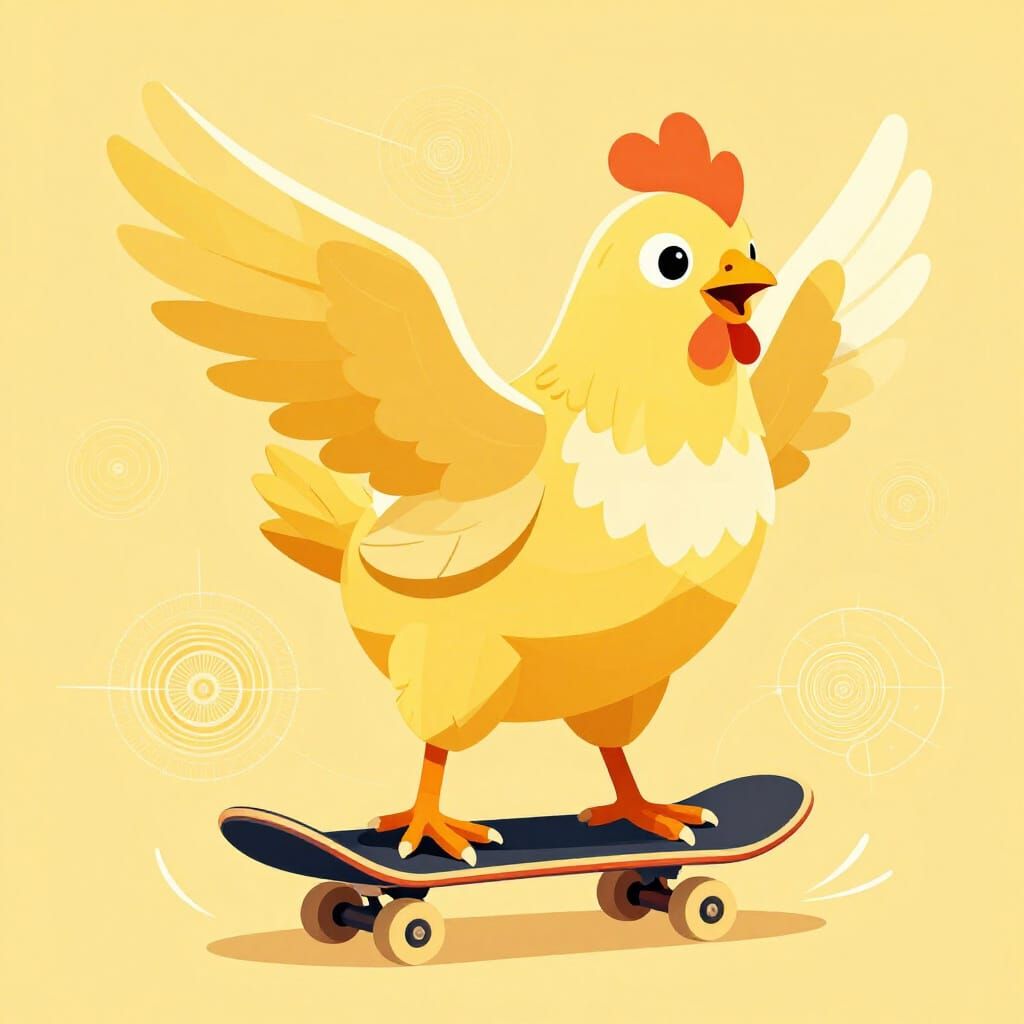 Cheerful Yellow Chicken on Skateboard Vector Art