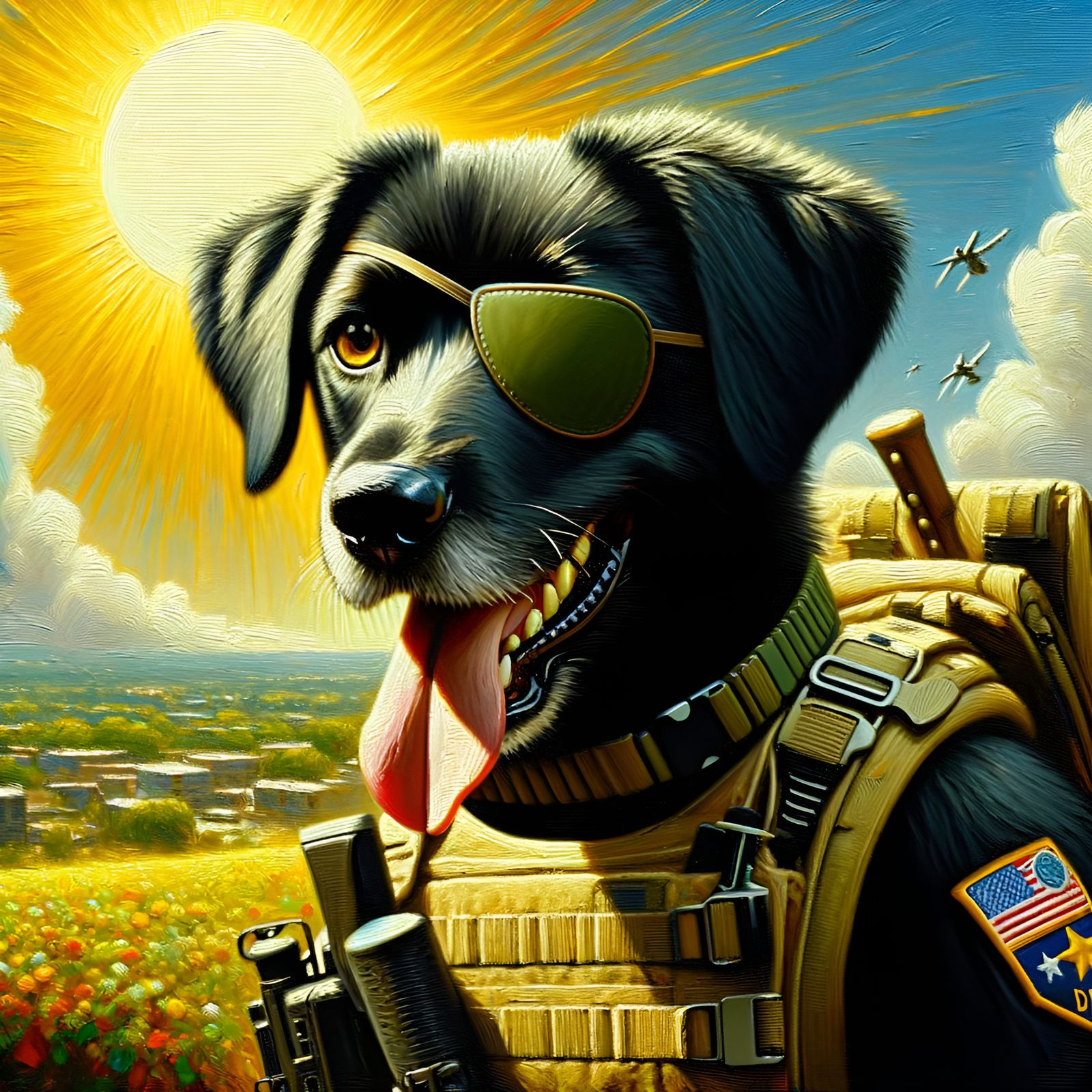 Tactical Dog in Oil Painting with Eyepatch