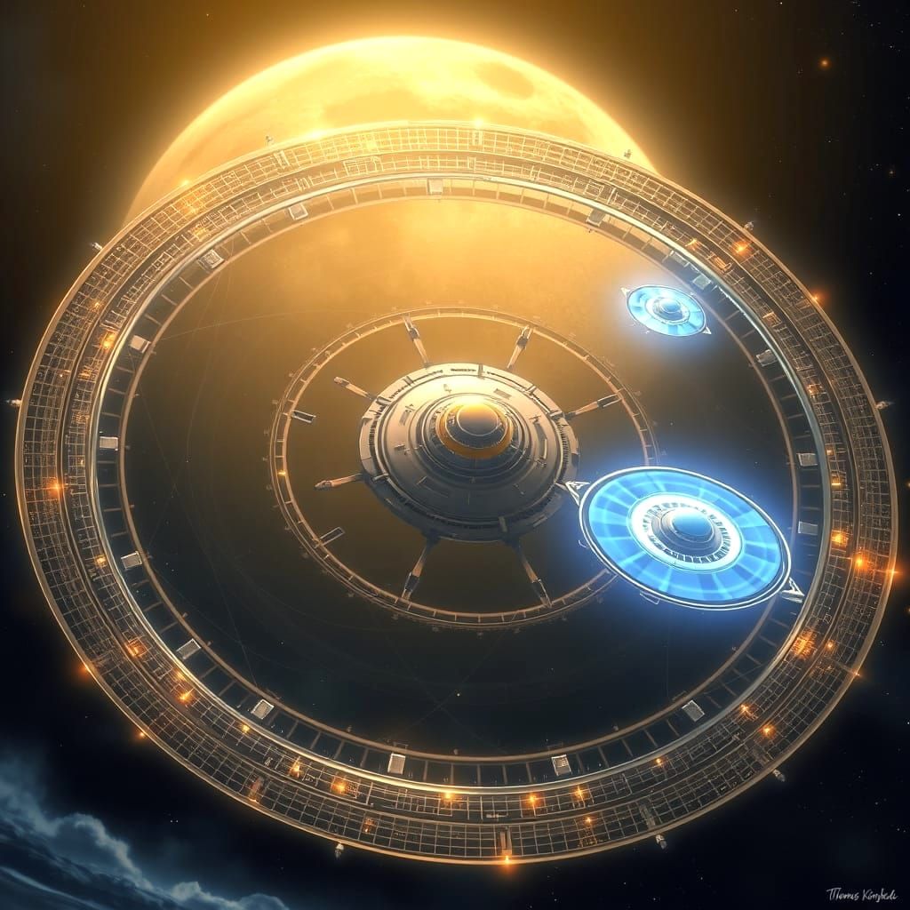 Surreal Space Station in Shimmering Silver-Gold Hues