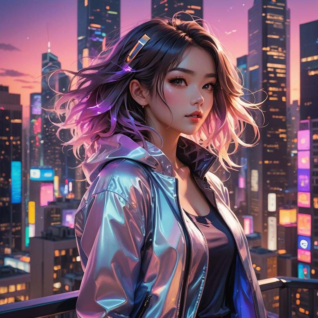 Anime Girl in Cityscape with Neon Pastel Lights