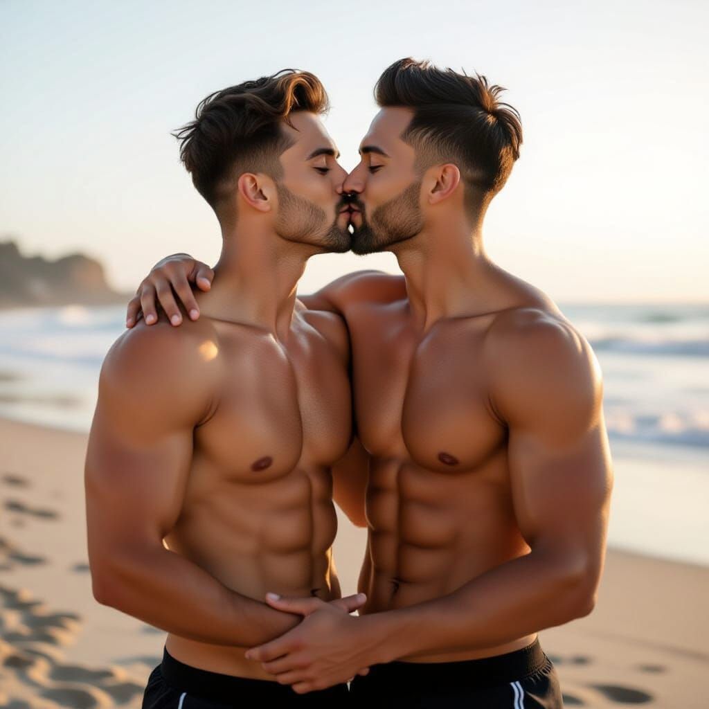 Shirtless Gay Couple Kissing Passionately
