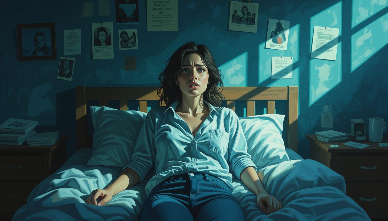 Woman's Horrified Awakening in Dark Room: Cinematic Style