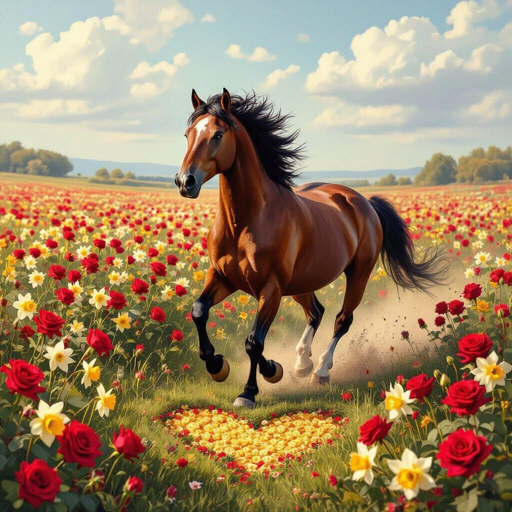 Majestic Mustang Galloping Through Floral Heart Path