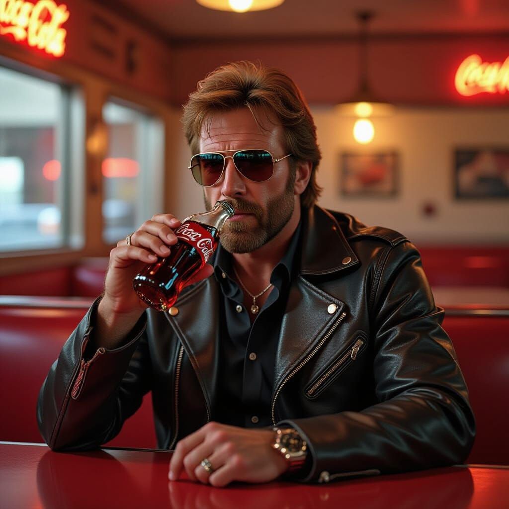 Chuck Norris Drinking Coke in Retro Diner