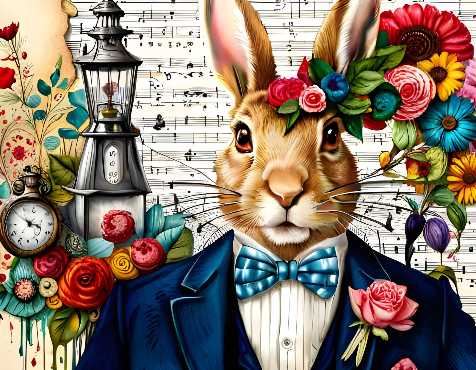 Rabbit at Mad Hatter's Tea Party, Mixed Media Collage