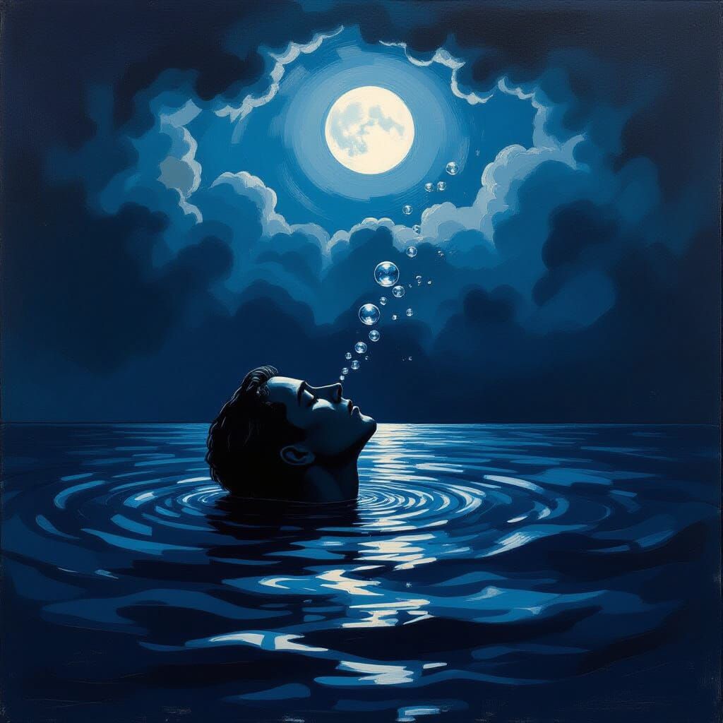 Lone Figure Breaches Turbulent Water Under Stormy Sky