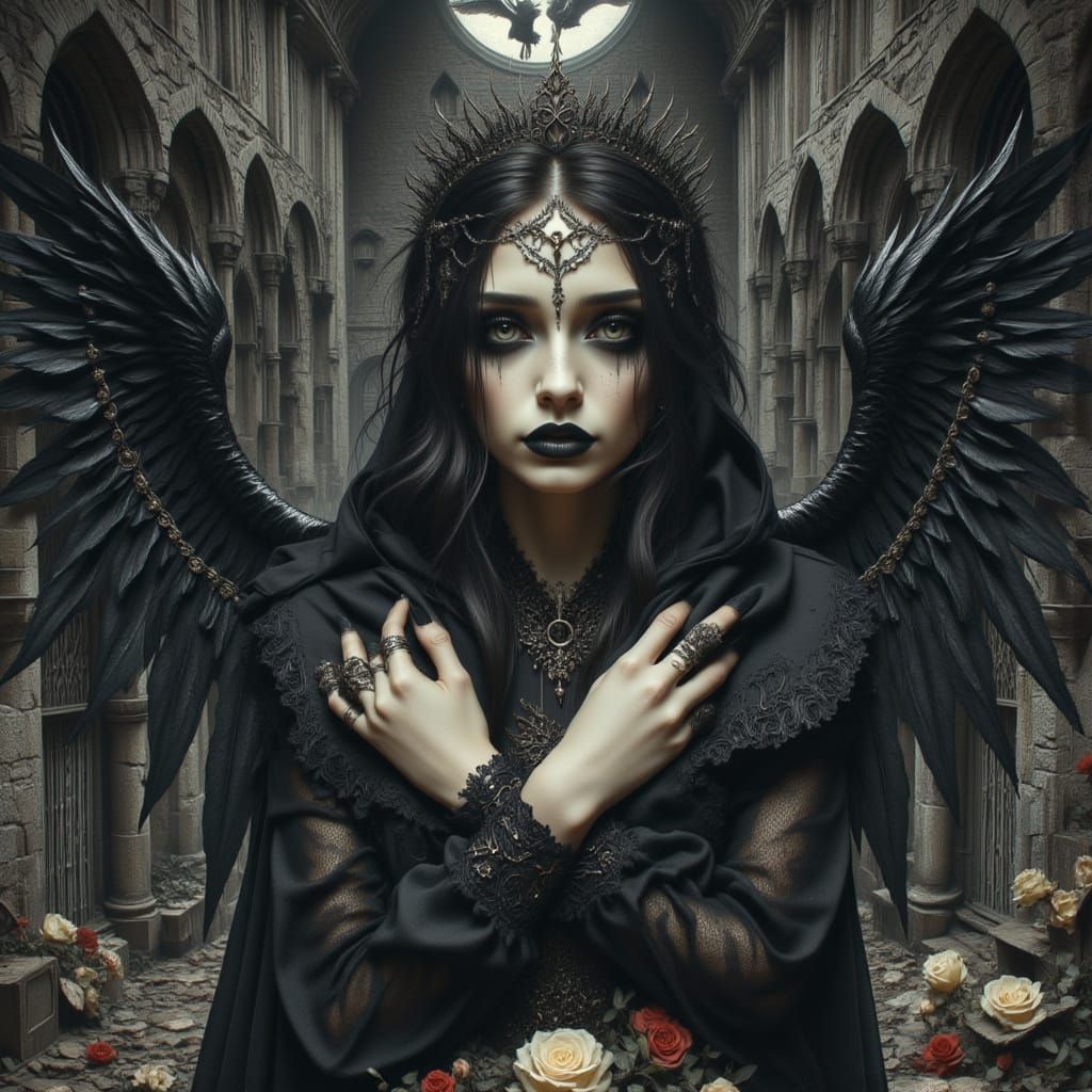 Gothic Angel in Derelict Church Holding Thorns
