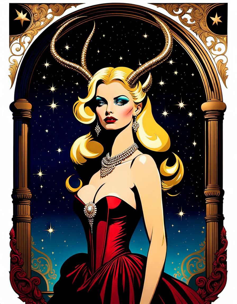 Stunning Woman with Antlers in Jewel-Toned Moonrise