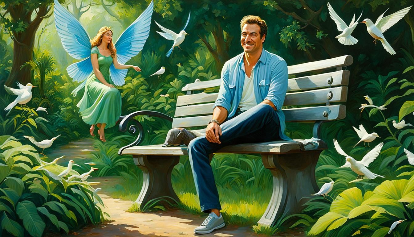 Man and Fairy in Park Bench Scene
