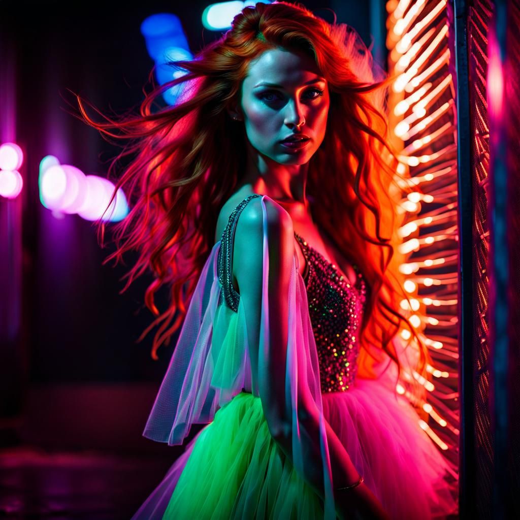 Redhead in Tulle Dress: Cyberpunk Neon Portrait