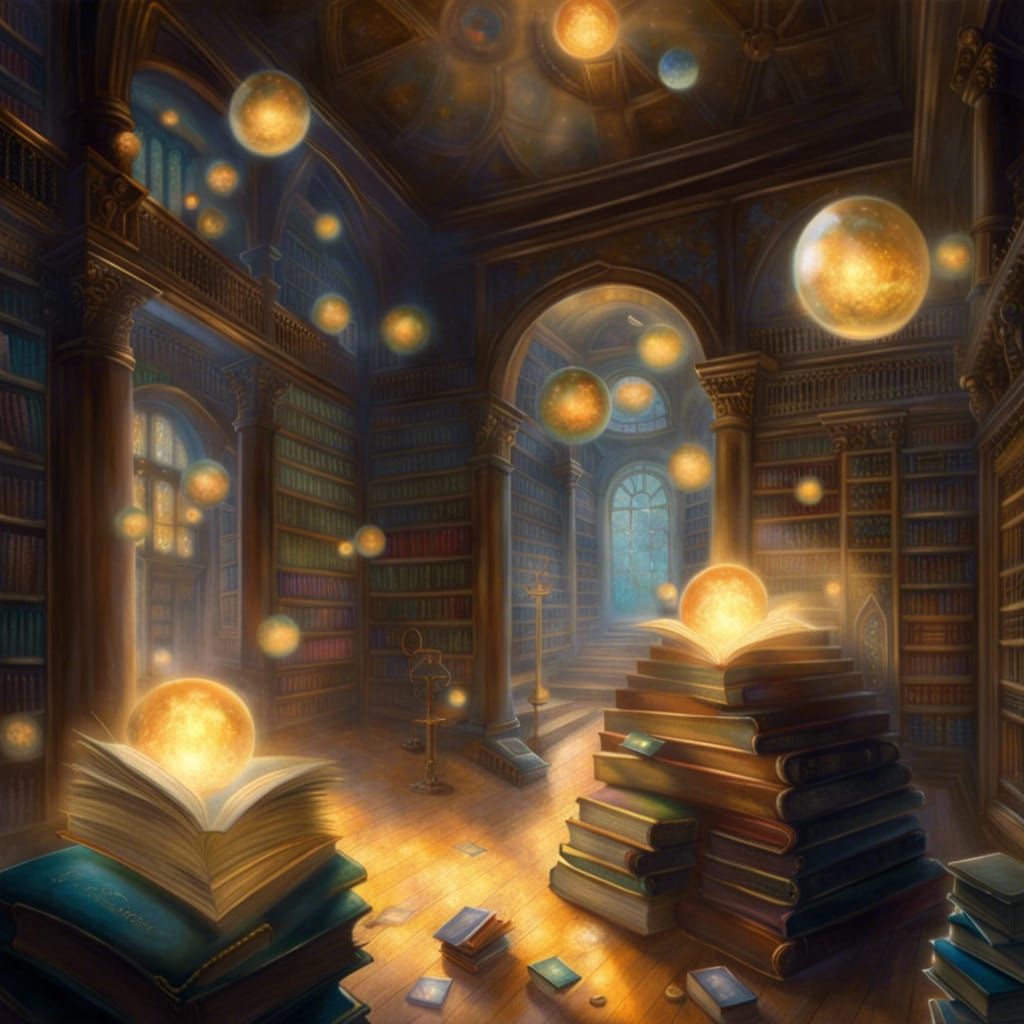 Hidden Library in Pocket Dimension with Glowing Orbs