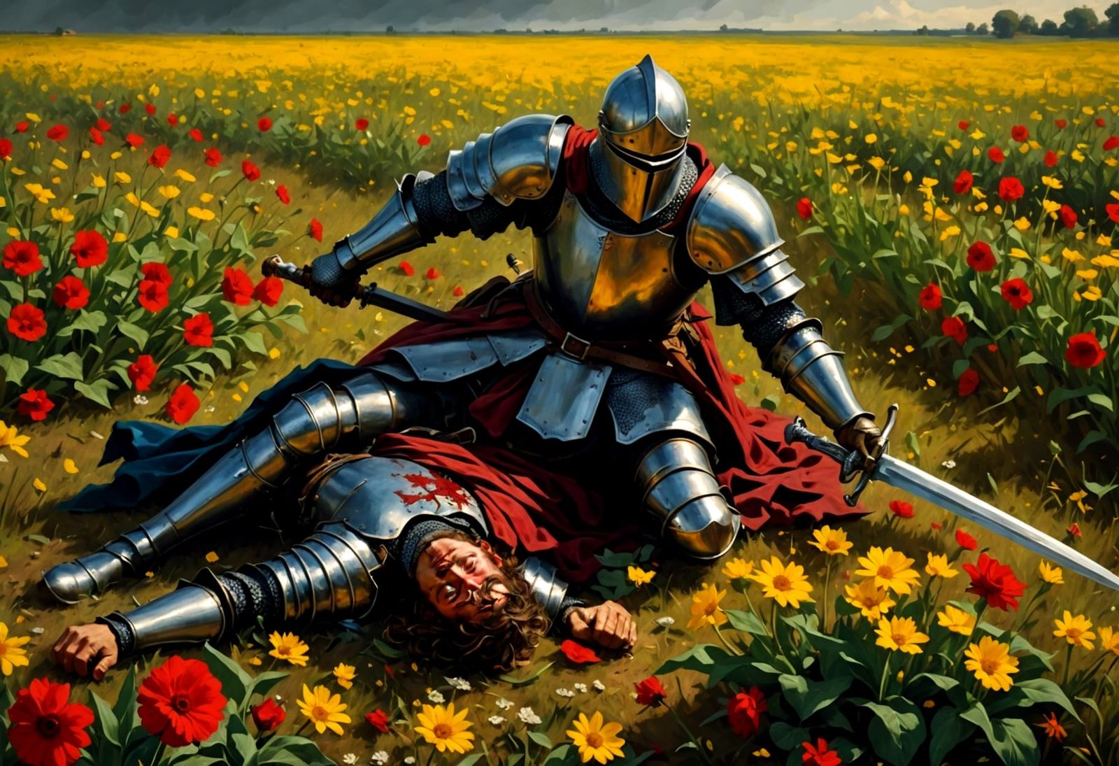 Mortal Knight Falls in Vibrant Floral Scene