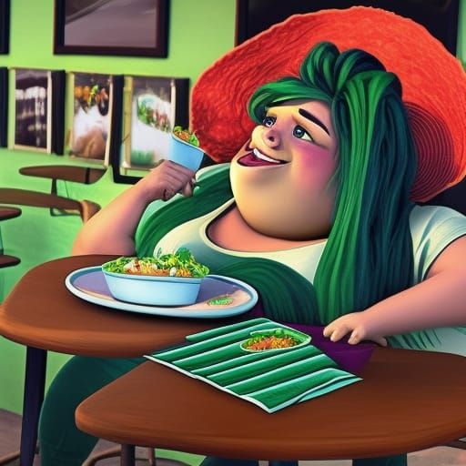 Green-Haired Person Eating Taco, 3D Digital Art