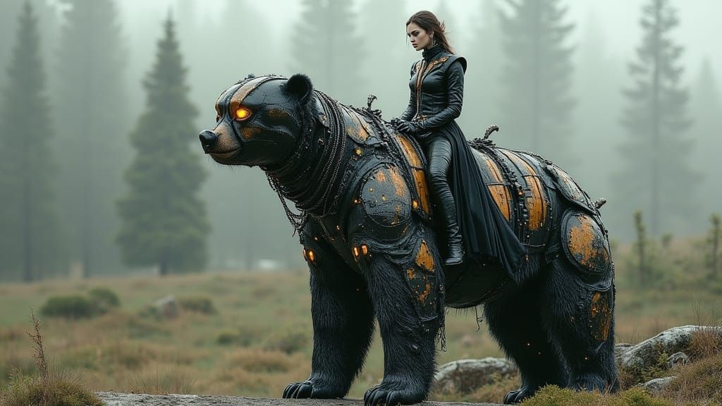 Steampunk Robotic Bear With Rider in Leather Attire