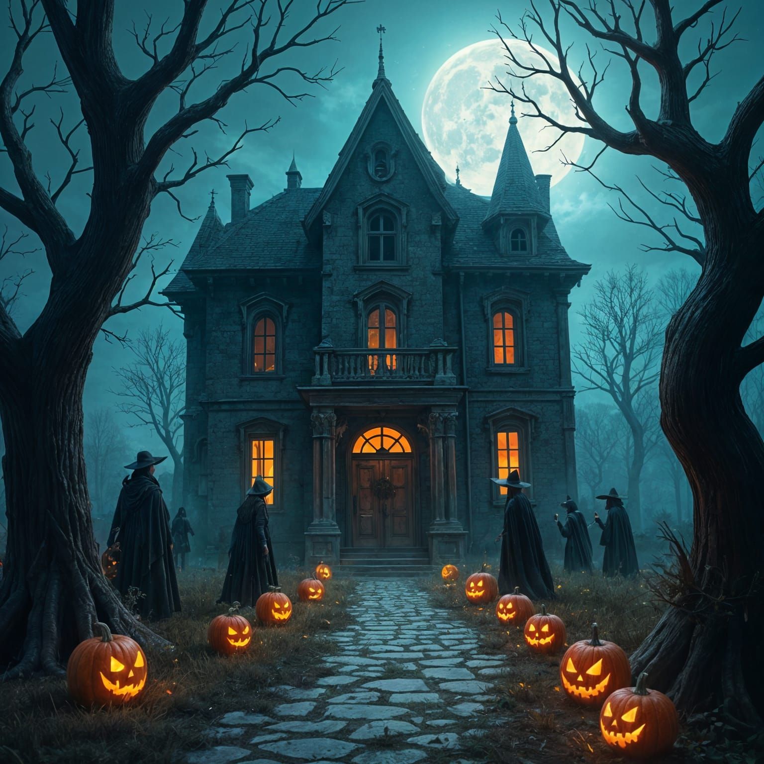 Haunted House with Witches and Jack-o'-Lanterns