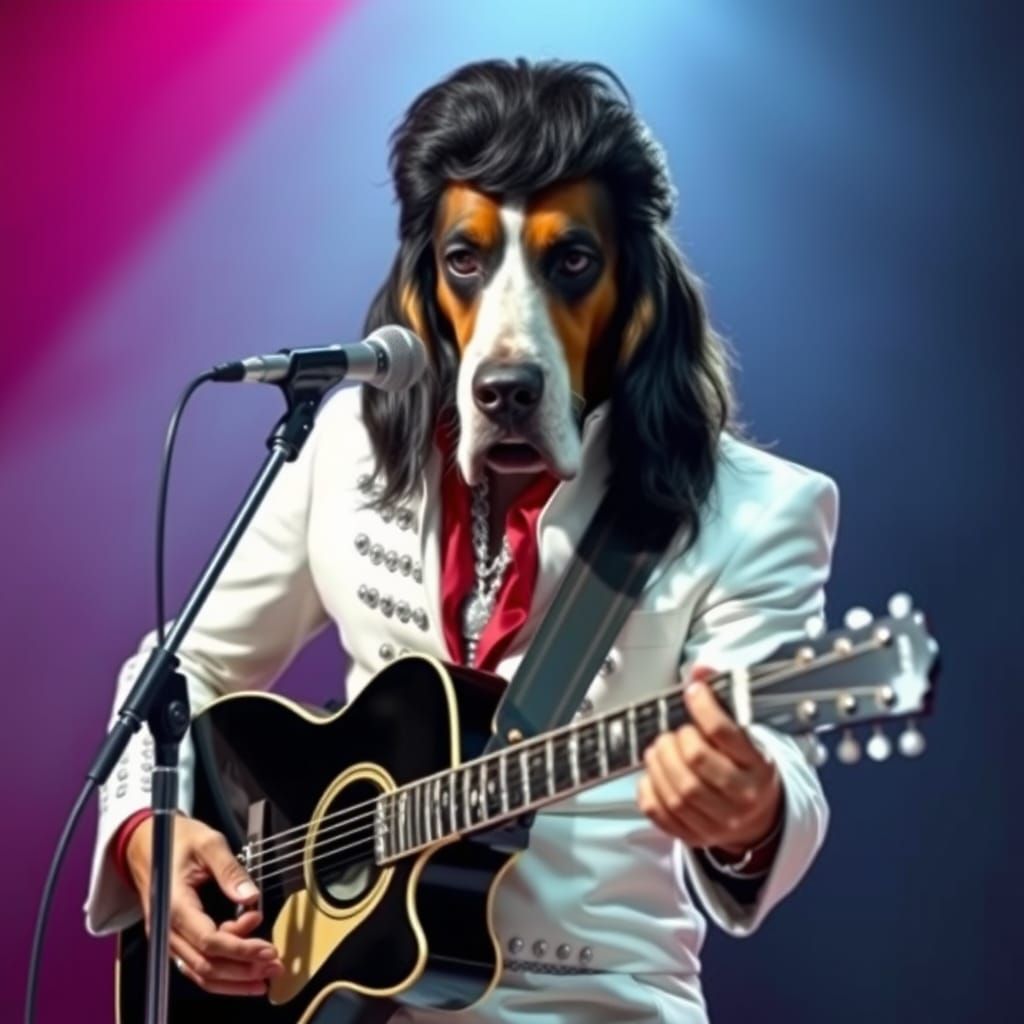 Bloodhound Impersonating Elvis in White Jumpsuit