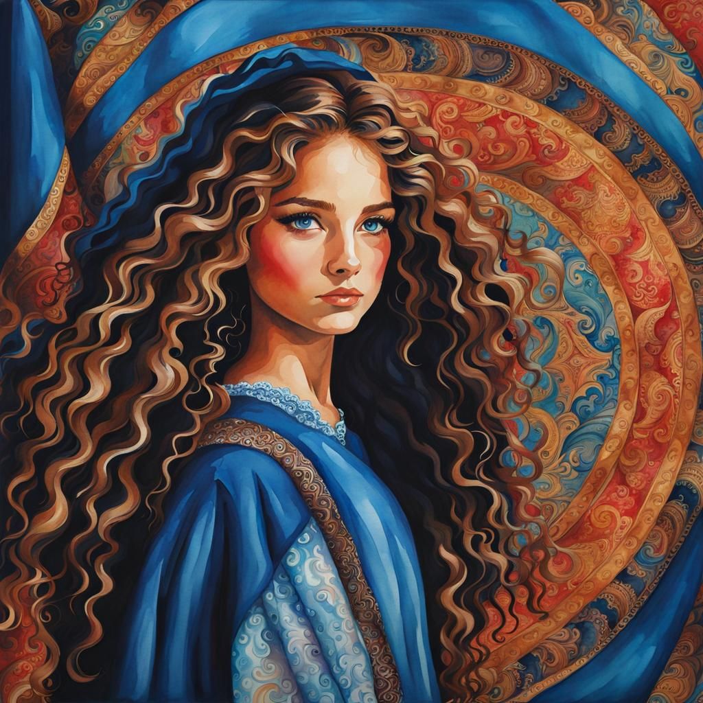 Watercolor Tapestry: Girl with Curly Hair