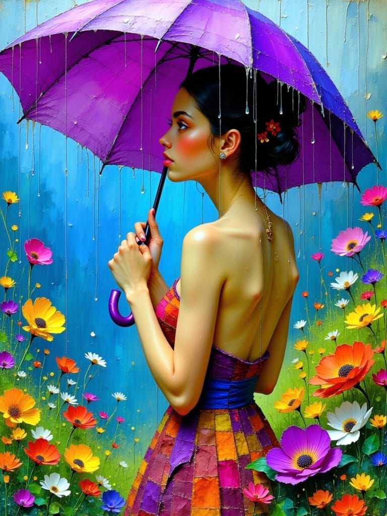 Woman Holding Purple Umbrella in a Vibrant Rainy Landscape