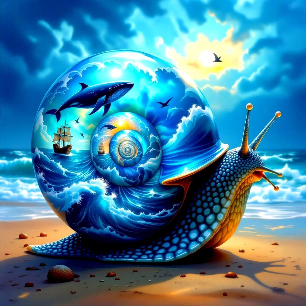 Glass Snail Filled with Stormy Ocean Scenes