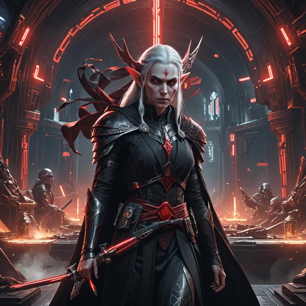 Elven Sith Lord in Cyberpunk Bar: Detailed Digital Art