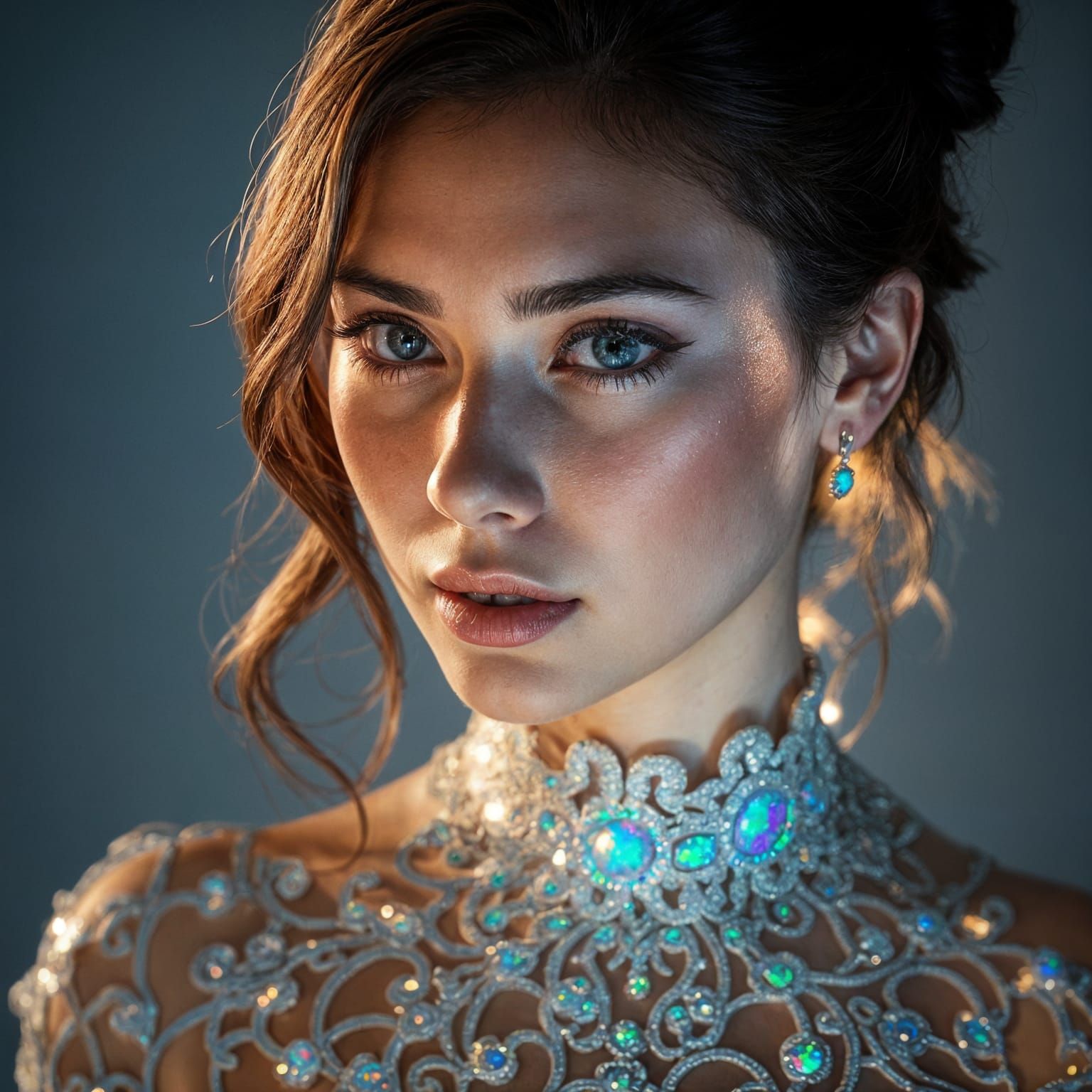 Beautiful Woman in Intricate Opal Dress