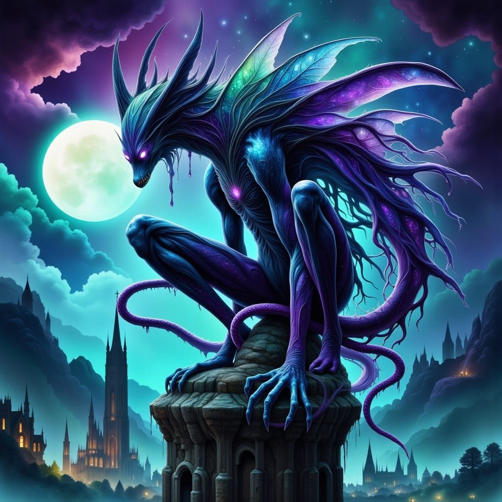 Neon Pop Art Demonic Fae on Cathedral Spire