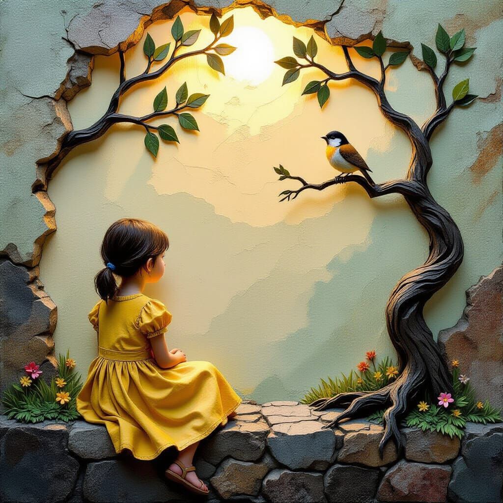 Girl Watching Bird in 3D Textured Mixed-Media Painting