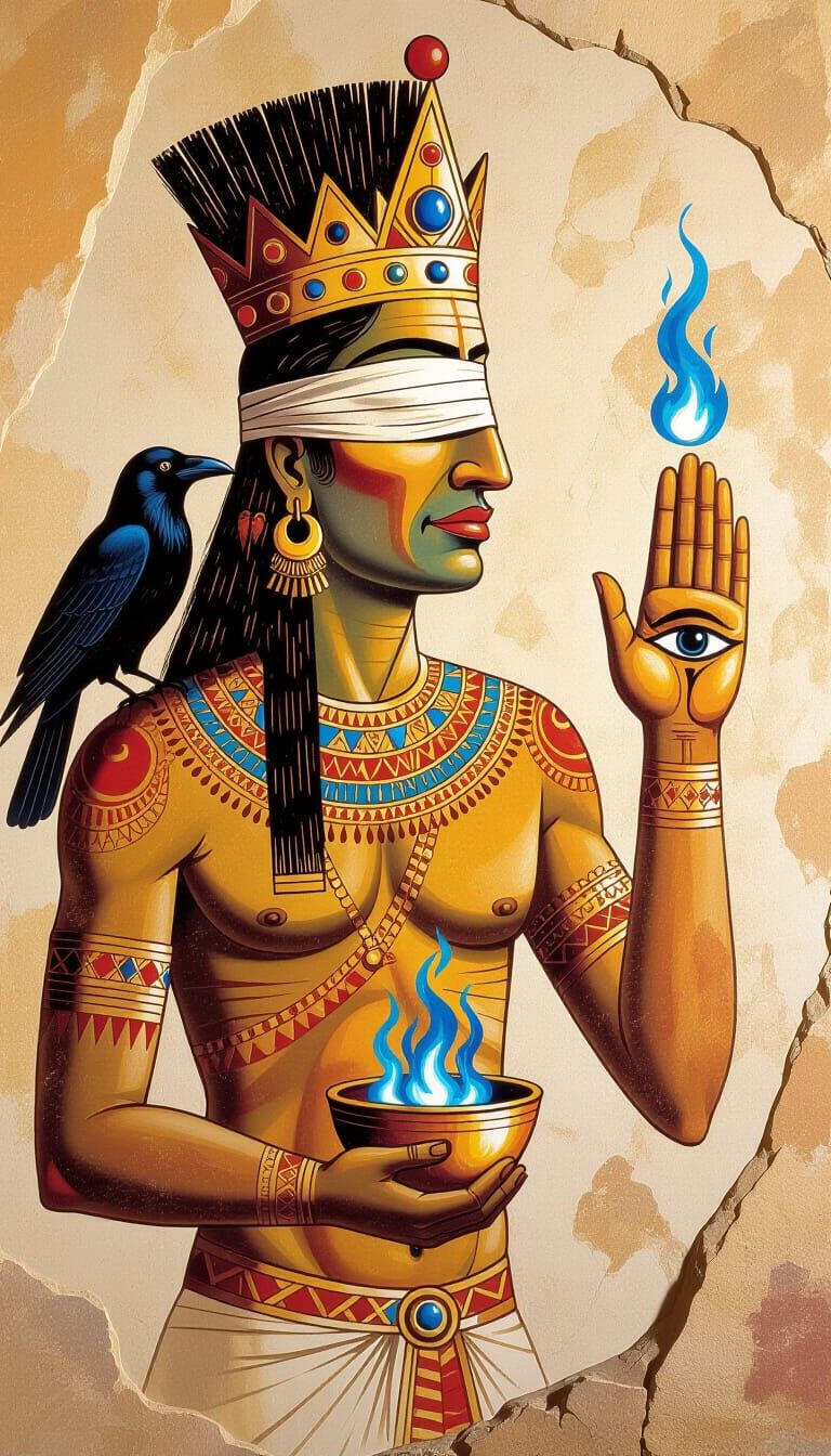 Ancient Cave Painting of Regal Blindfolded Figure with Blue ...