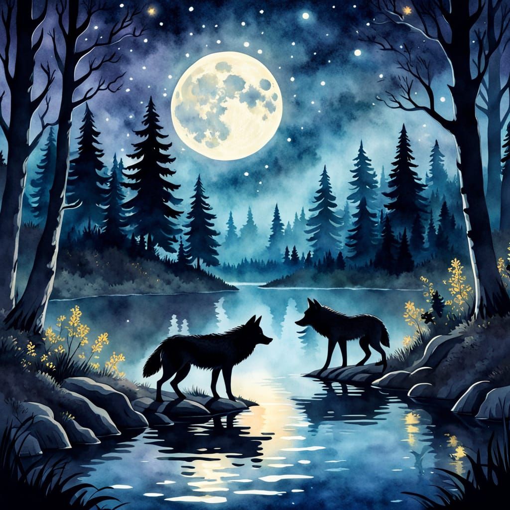 Wolf Couple in Whimsical Watercolor Night Scene