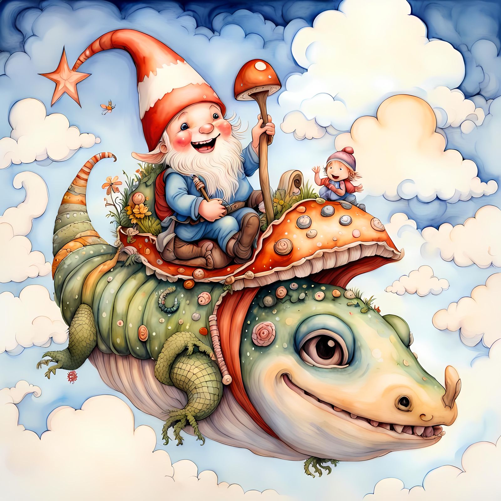 Gnome Rides Slug in Fantasia Landscape