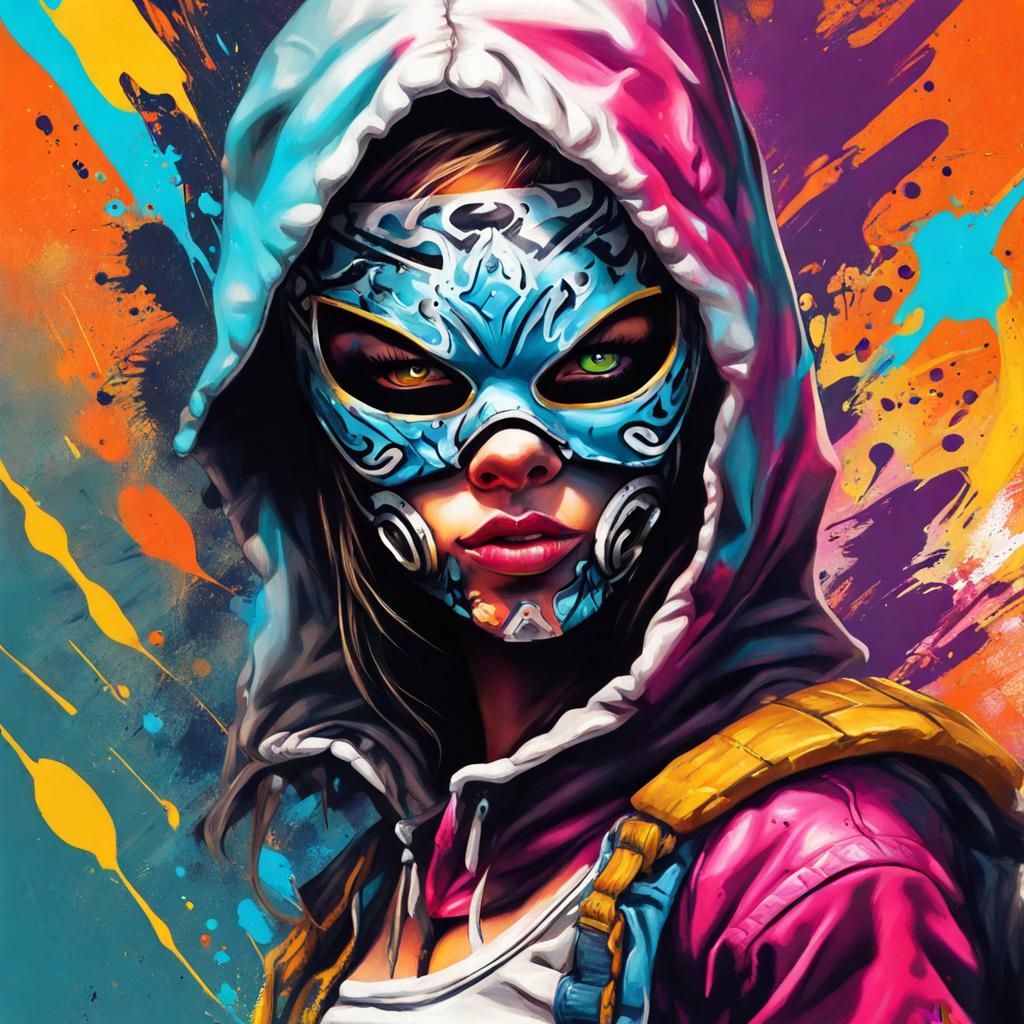 Masked Girl Warrior in Graffiti Art Style