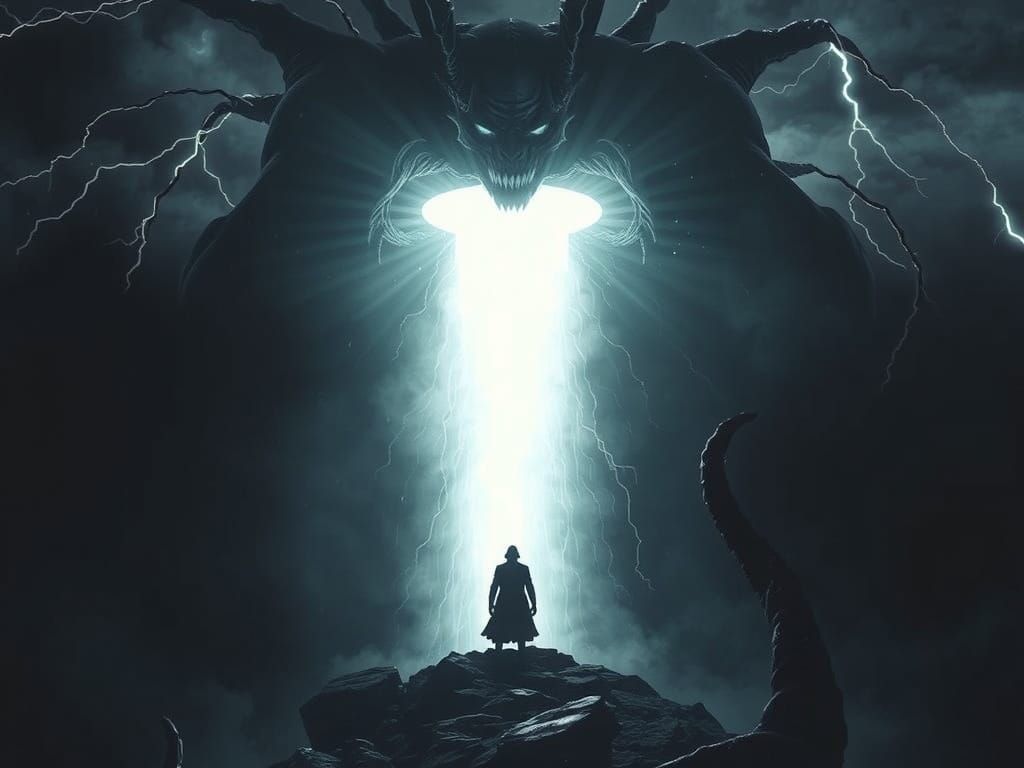 Gothic Figure Enters Shadow, Light Bursts Forth