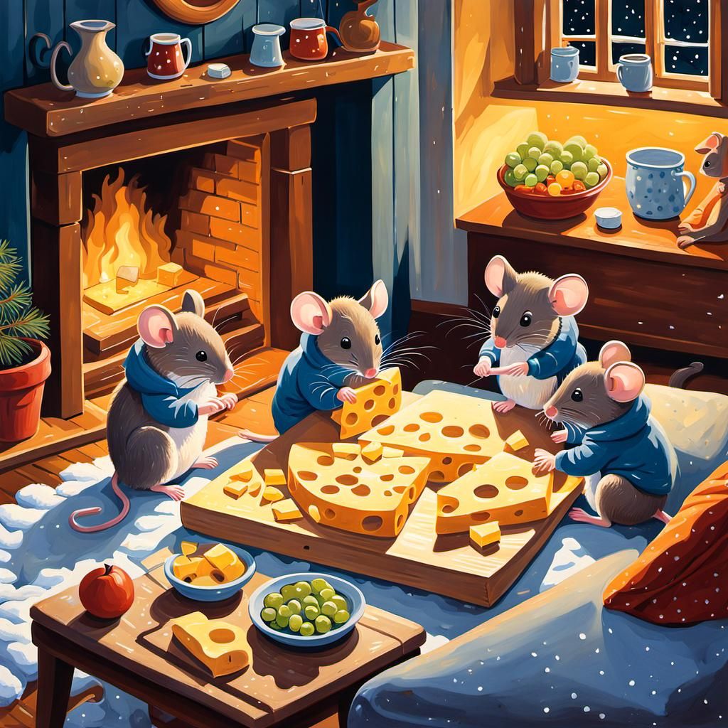 Mice Family Complete Cheese Puzzle in Gouache Style