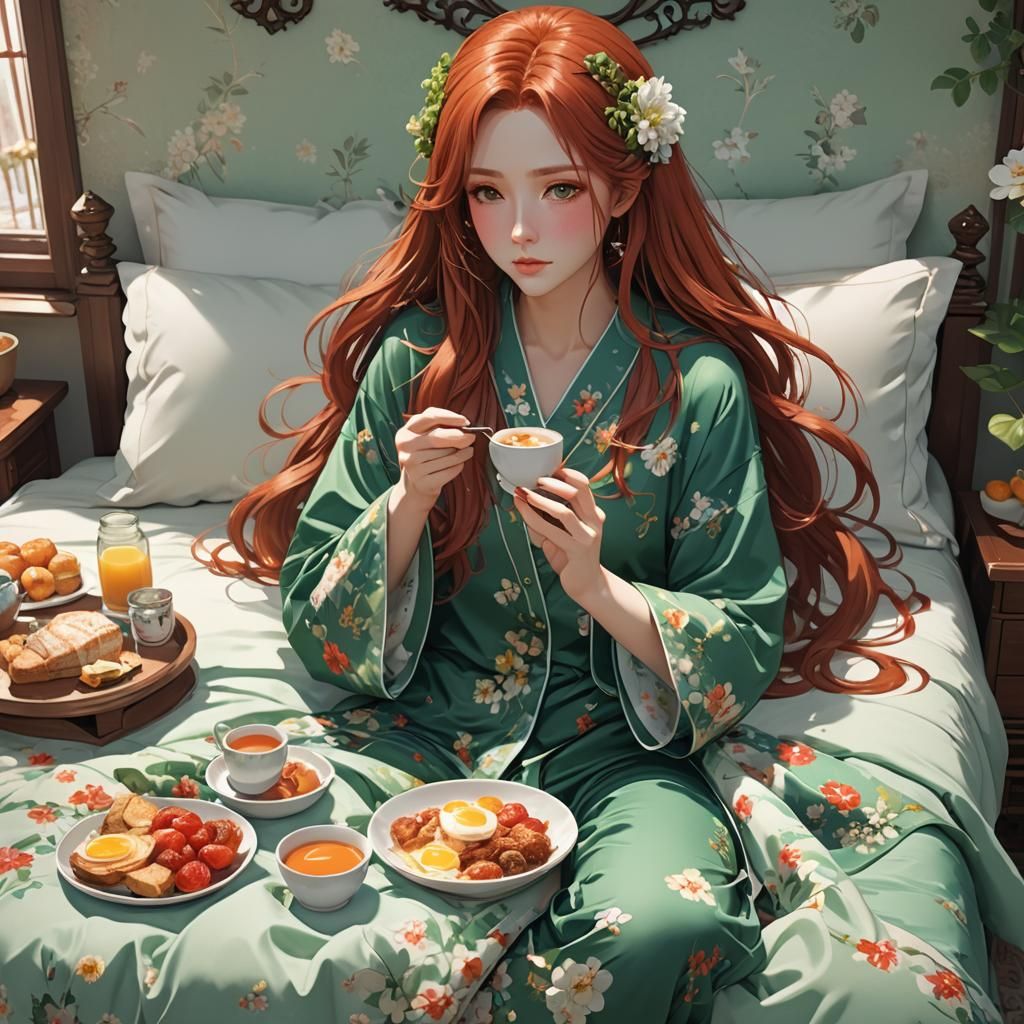 Anime Style: Red-Haired Woman's Breakfast in Bed