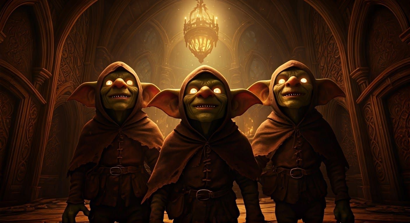 Mischievous Goblins in Ornate Chamber, Fantasy Art