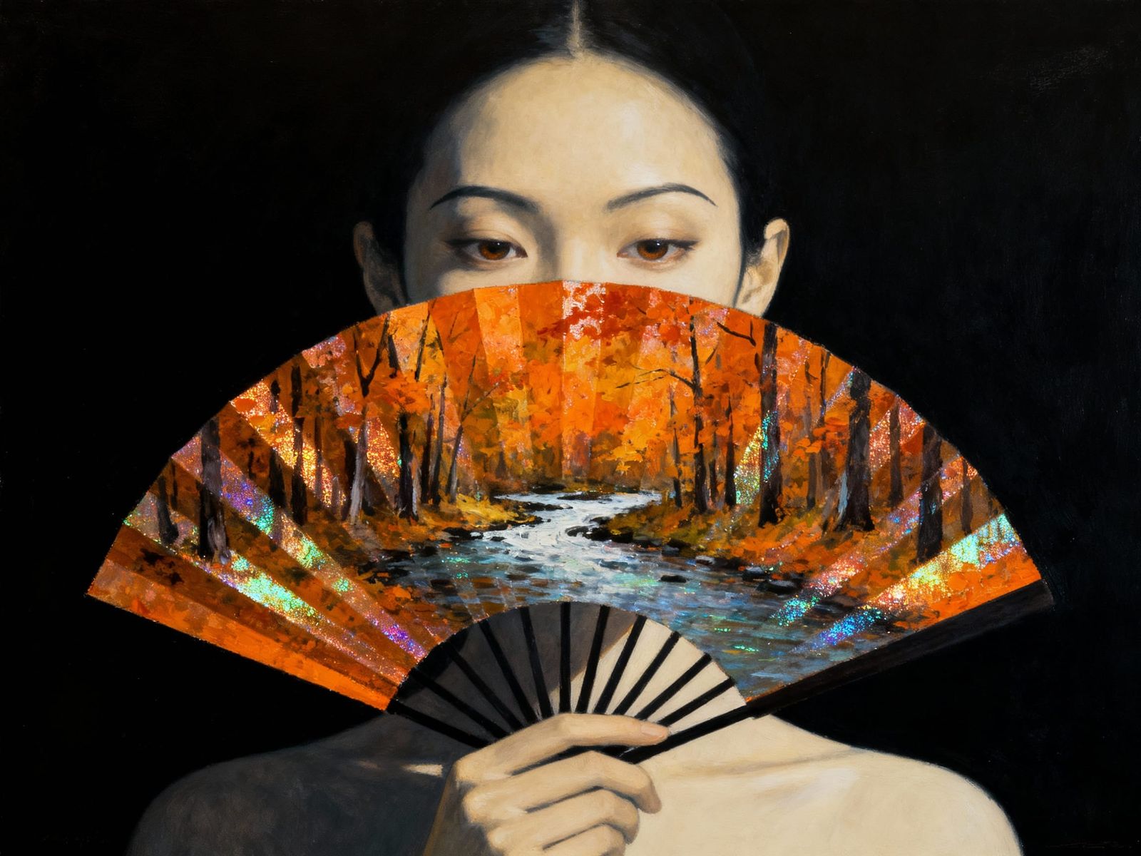 Minimalist Woman with Autumn Fan in Oil Painting Style