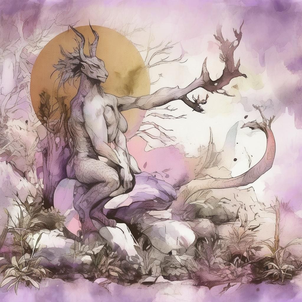 Fantasy Creature in Mystical Jungle, Watercolor Ink