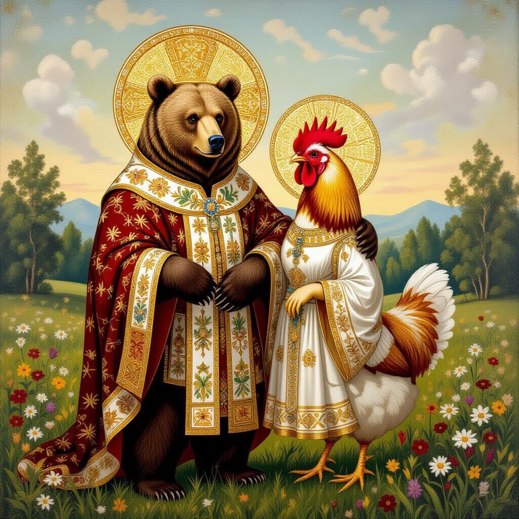 Bear and Chicken in Byzantine Golden Icon Style