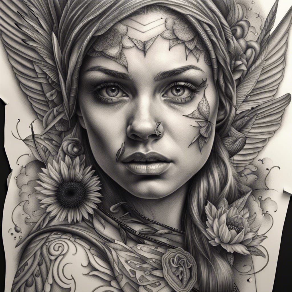 Detailed Charcoal Tattoo Design of a Flying Fairy