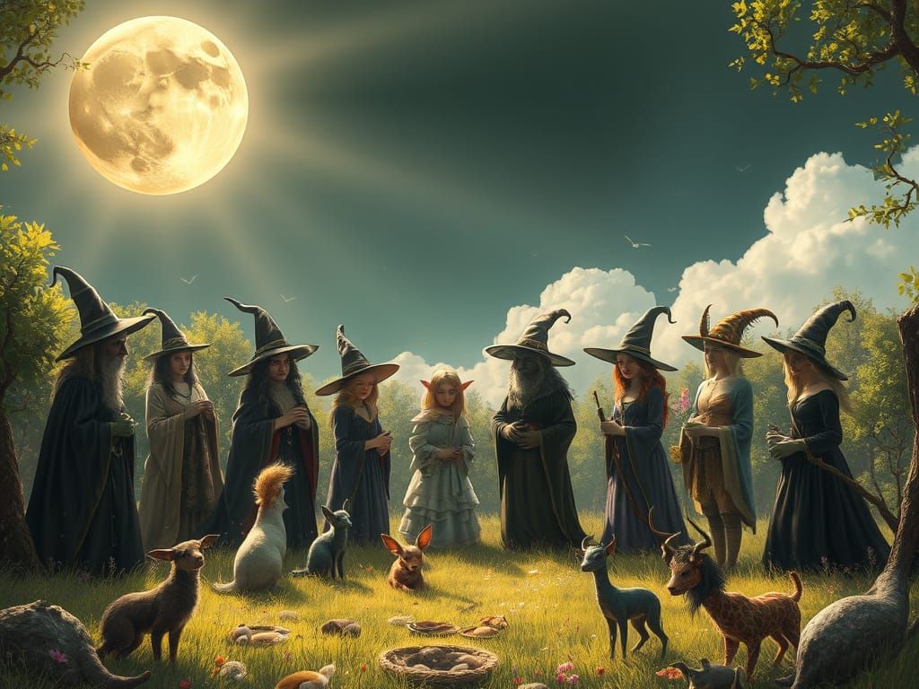 Magical Gathering of Mythical Beings in Sunlit Forest