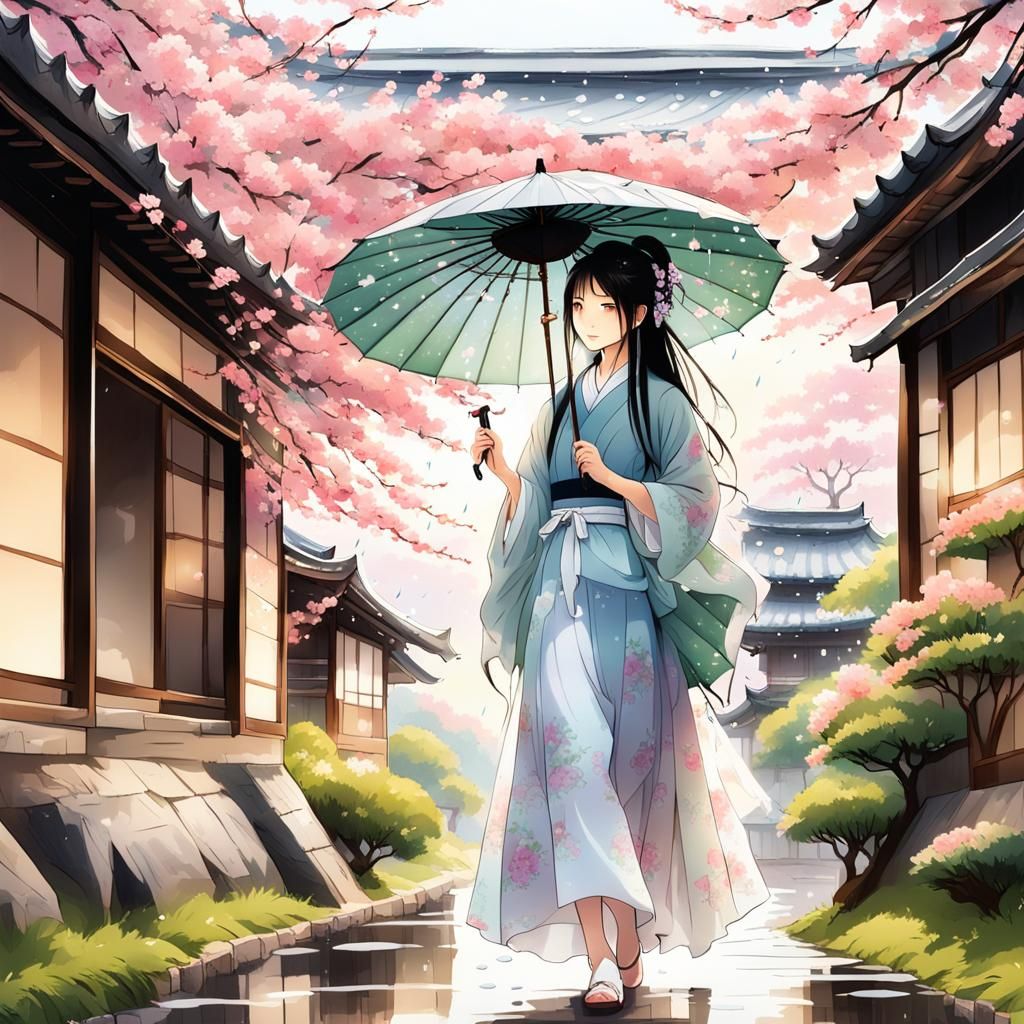 Japanese House with Girl in Anime Style