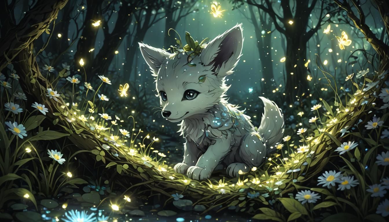 Luminescent Night: Anime Baby Fox with Fireflies