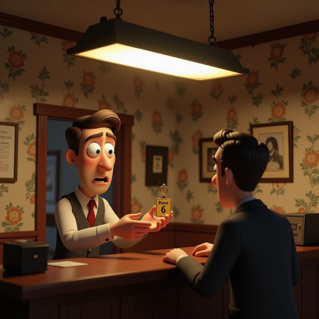 Pixar Style Motel Reception With Nervous Clerk and Brass Key