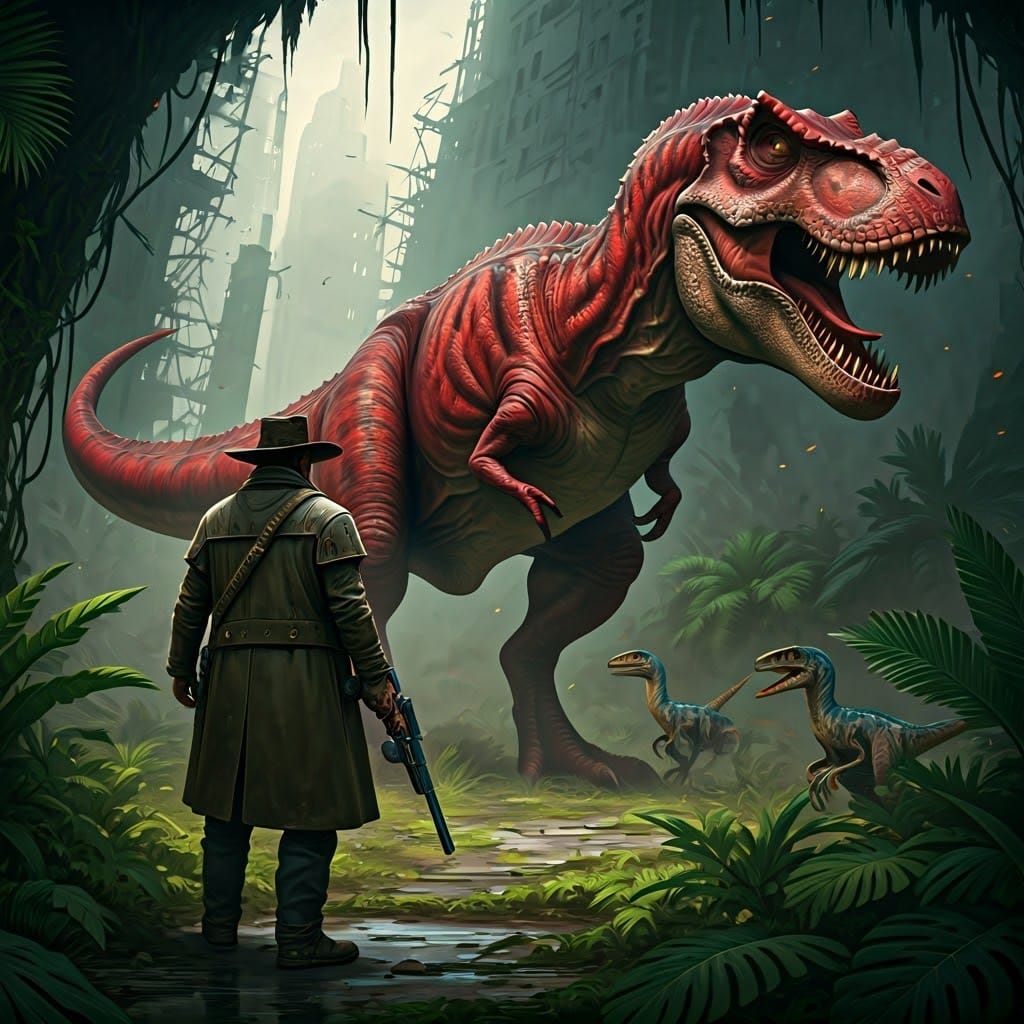 Cyberpunk Cowboy Battles Tyrannosaurus Rex in Tropical Ruins