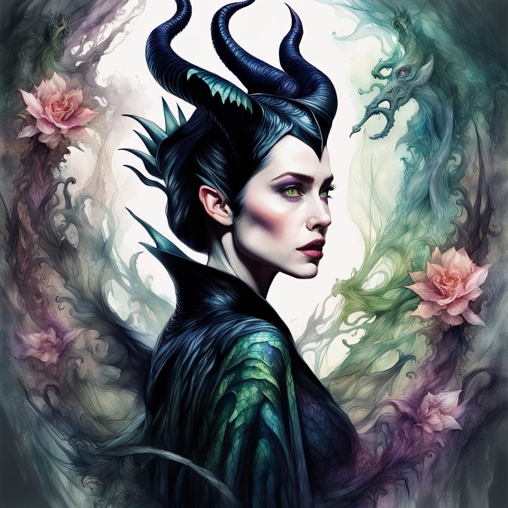 Maleficent Dragon Double Exposure Watercolor Illustration