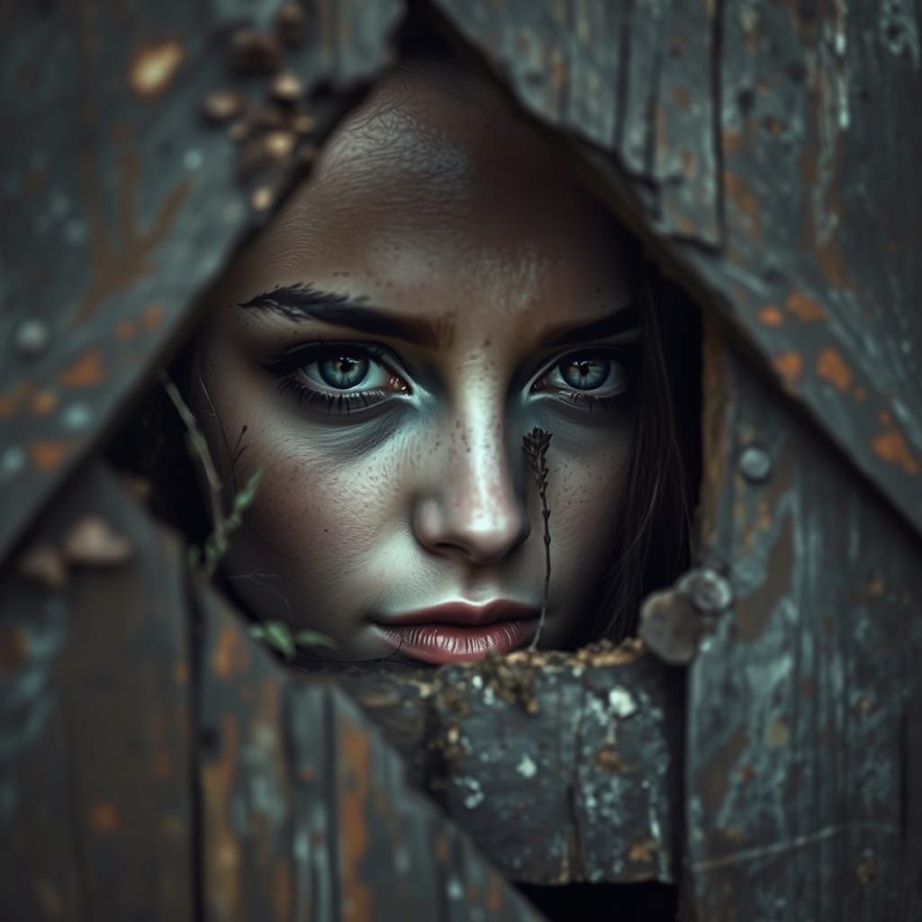 Sad Eyes Gaze Through Fence: Emotive and Textured