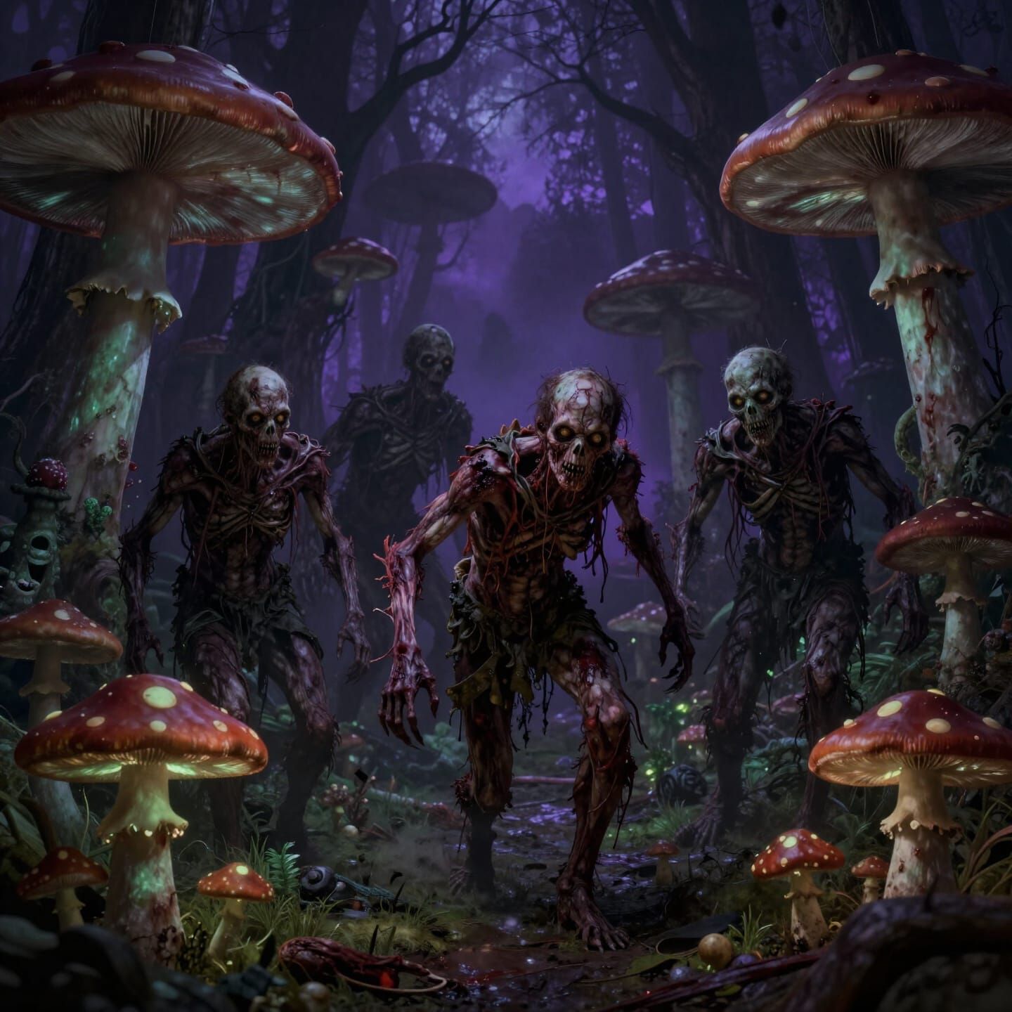 Grotesque Zombies Amidst Surreal Mushroom Creatures